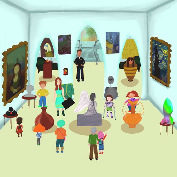 an illustration of a museum hall full of people by Sarah R Barlow