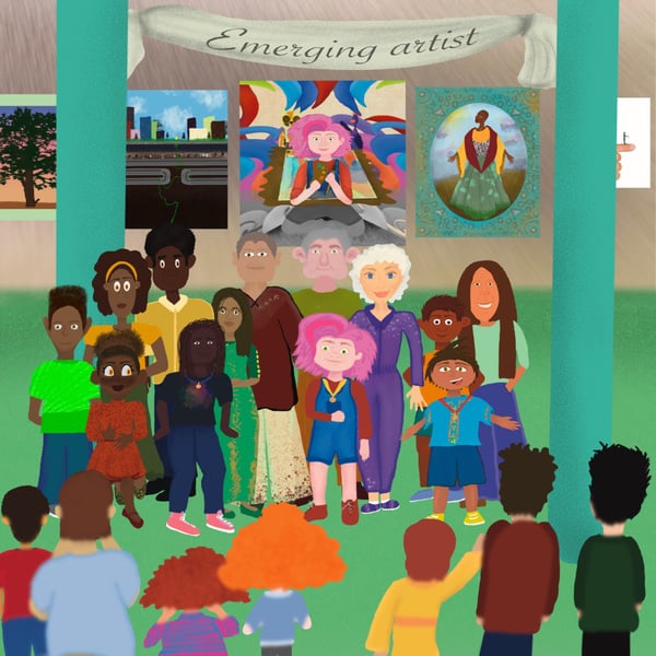 an illustration of a group of individuals standing in front of an art exhibit by Sarah R Barlow